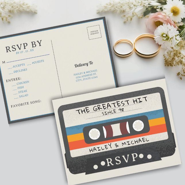 Retro-kassettband Underbarare Slå Bröllop OSA Vykort (Retro Cassette Tape The Greatest Hit Wedding RSVP Postcard)