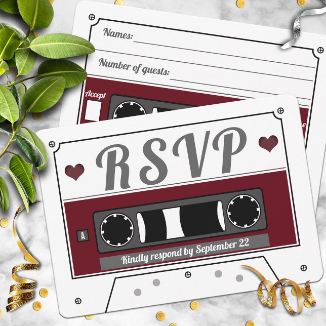 Retro kassettband vinröd bröllops-RSVP-kort Inbjudningar (Skapare uppladdad)