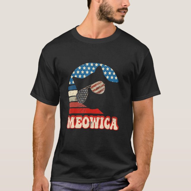 Retro Katt 4:e Juli Meowica Merica Män Usa Ameri T Shirt (Framsida)