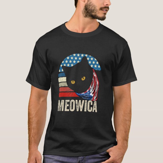 Retro Katt 4:e Juli Meowica Merica Män Usa Ameri T Shirt (Framsida)