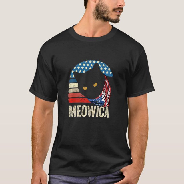 Retro Katt 4:e Juli Meowica Merica Män Usa Ameri T Shirt (Framsida)