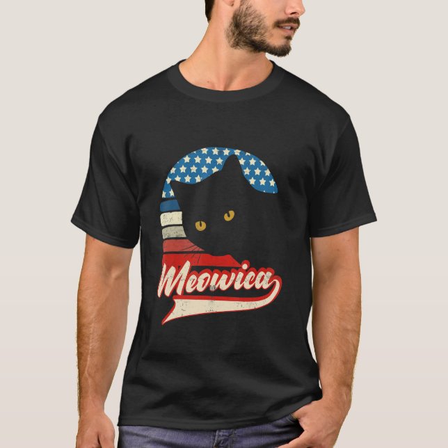 Retro Katt 4:e Juli Meowica Merica Män Usa Ameri T Shirt (Framsida)