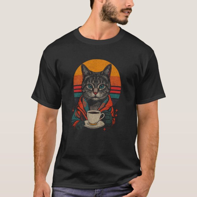 Retro Katt Dricker Kaffe Synthwave Vaporwave Kaffe T Shirt (Framsida)