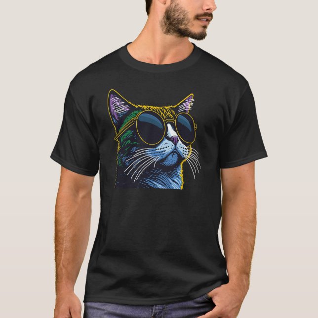 Retro Katt: Gula Glasögon Charm T Shirt (Framsida)