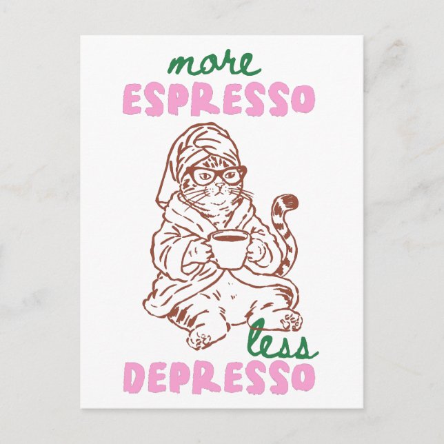 Retro Katt Kaffe Mer Espresso Mindre Depresso Vykort (Framsida)