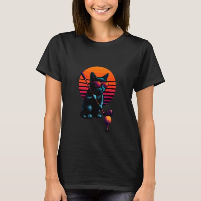 Retro katt med golfklubb golfande golfare t shirt (Framsida)
