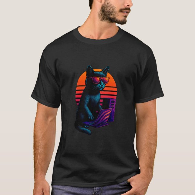 Retro katt med IT-nätverkskunskaper Datasystem T Shirt (Framsida)