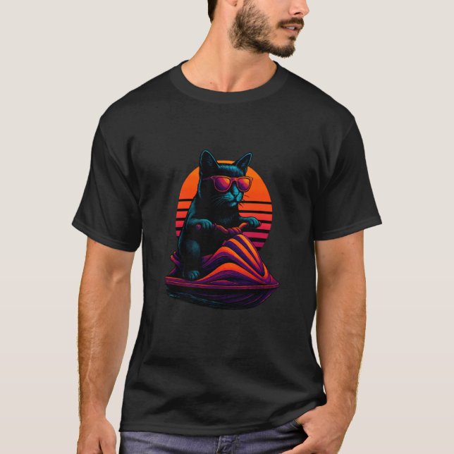 Retro katt med Jet Ski-åkning Vattenryttare T Shirt (Framsida)