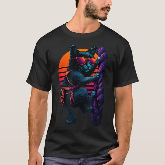 Retro katt med klättersele klättervägg t shirt (Framsida)