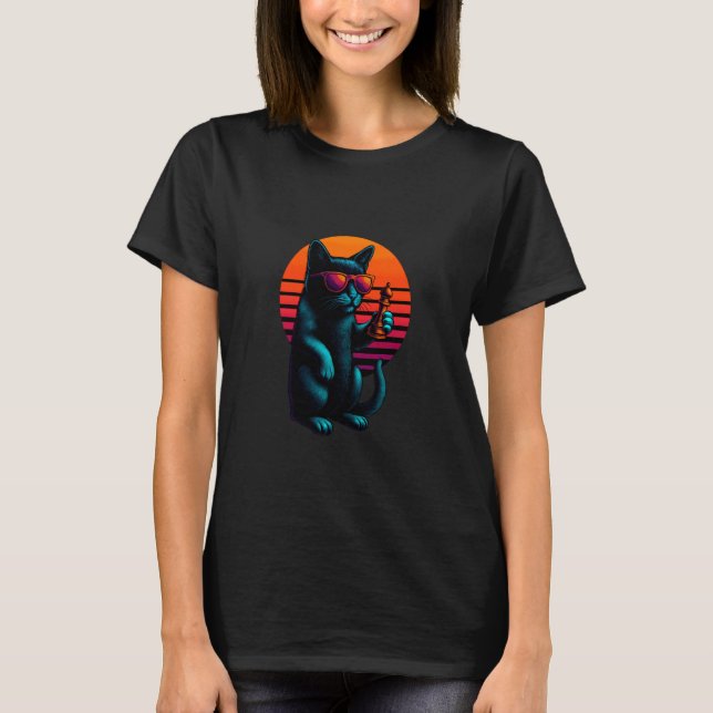 Retro katt med schackpjäs schackspelare t shirt (Framsida)