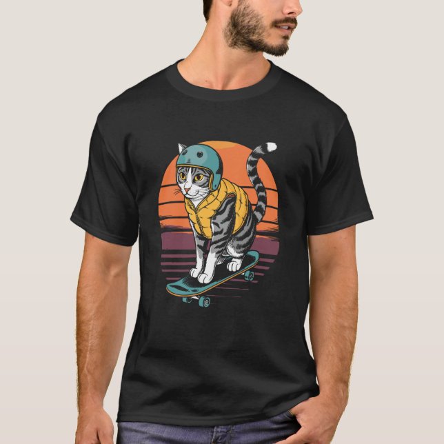 Retro katt på skateboard t shirt (Framsida)