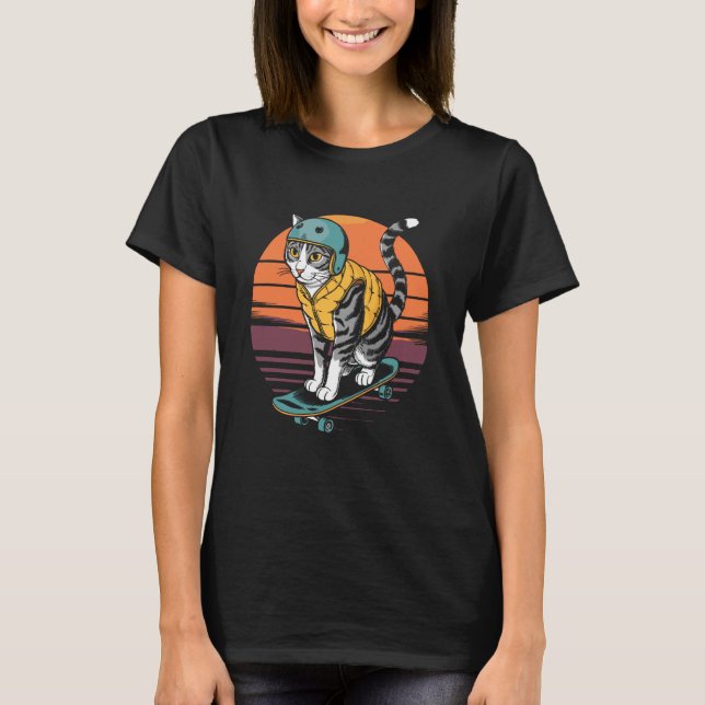 Retro katt på skateboard t shirt (Framsida)