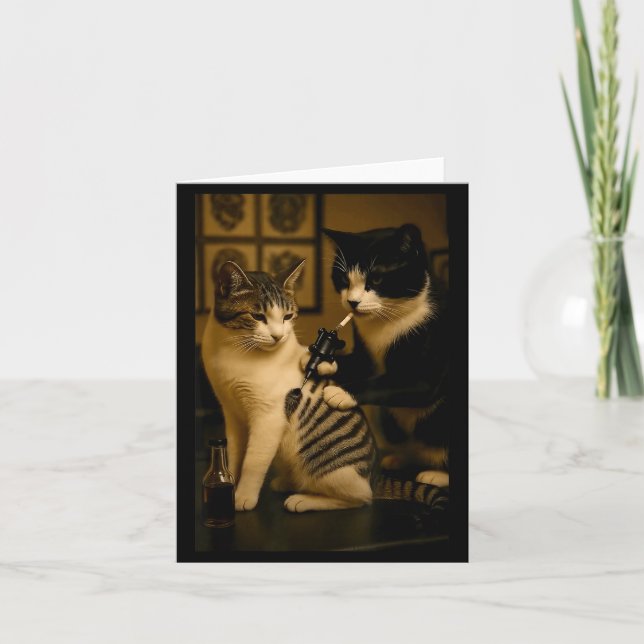 Retro Katt Rökande Tatuering Bläckad Katt Konstnär Kort (Framsida)