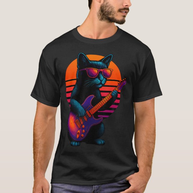 Retro Katt Som Spelar Elgitarr Rock T Shirt (Framsida)