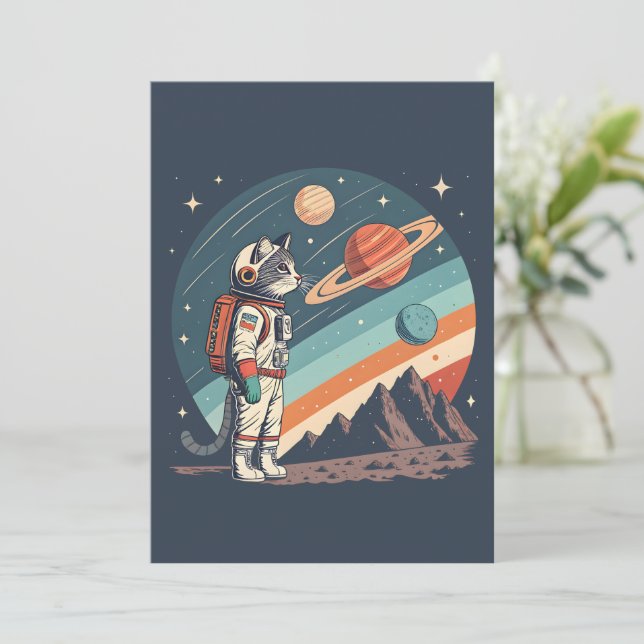 Retro kattastronaut Kosmisk rymdillustration Julkort (Stående Fram)