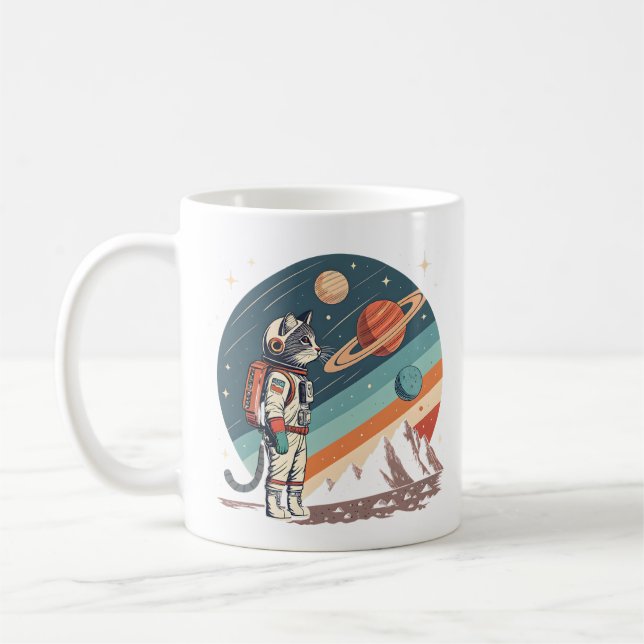 Retro kattastronaut Kosmisk rymdillustration Kaffemugg (Vänster)