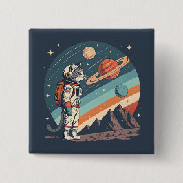 Retro kattastronaut Kosmisk rymdillustration Knapp