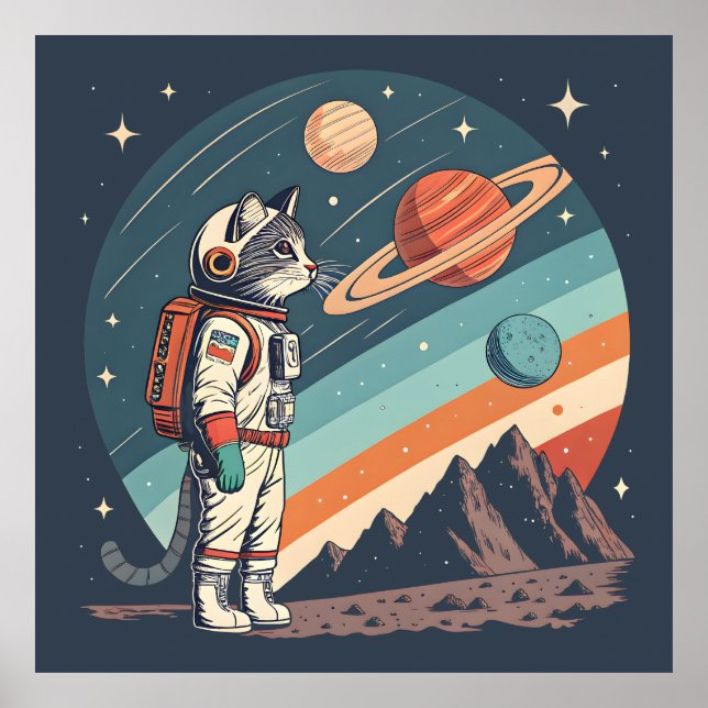 Retro kattastronaut Kosmisk rymdillustration Poster (Framsidan)