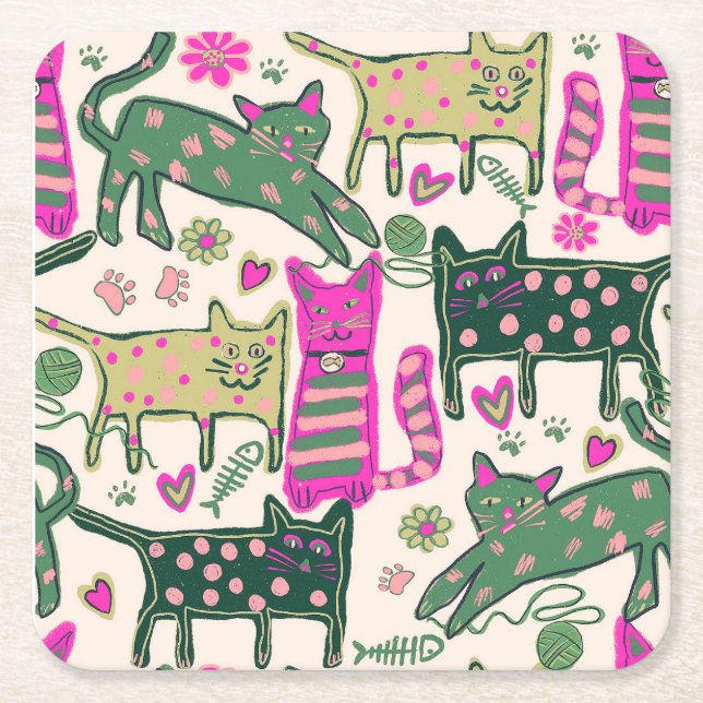 Retro Katter Design Underlägg Papper Kvadrat (Framsidan)