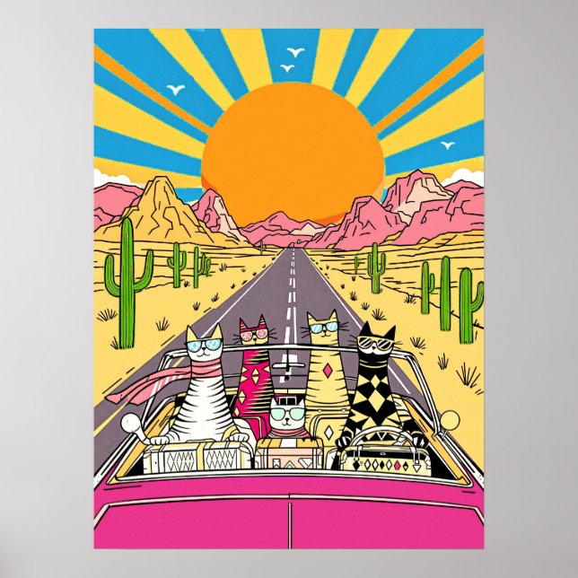 Retro katter på semester åker på road trip poster (Framsidan)
