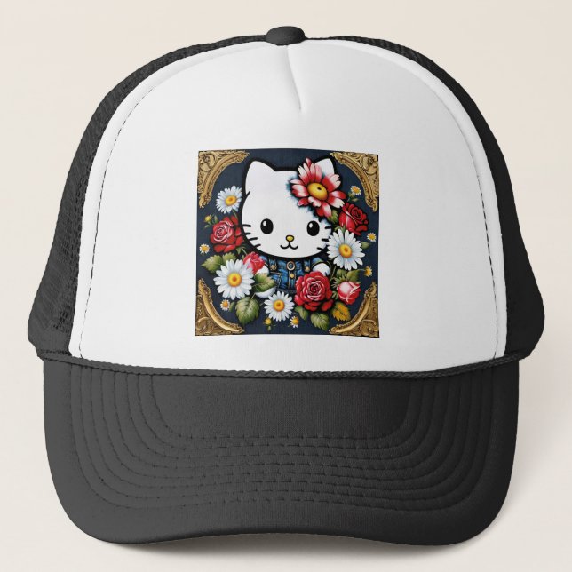 Retro Kawaii Cat i Guld Ram med blommor Keps (Framsida)
