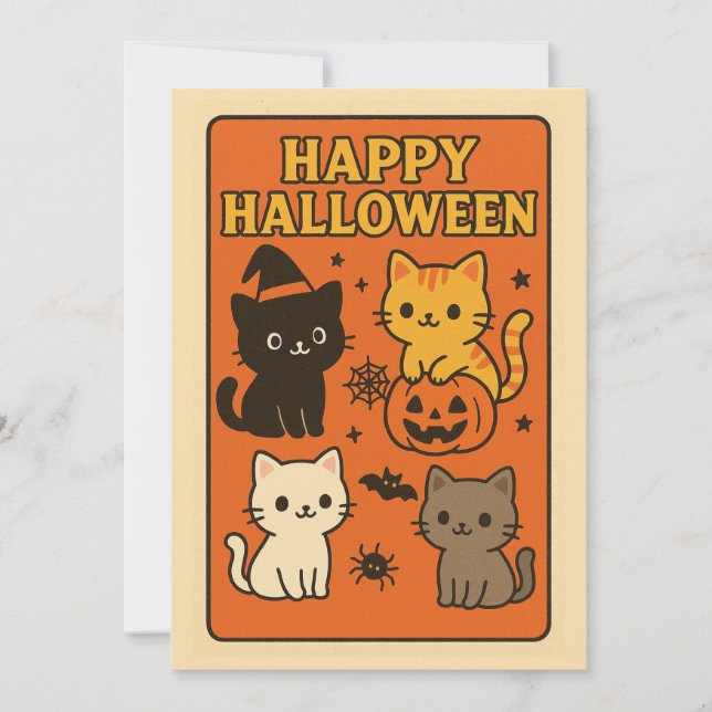 Retro Kawaii Katter Halloween Inbjudningskort (Framsida)