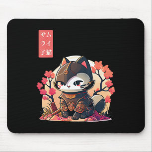 Retro Kawaii Samurai Cat med Cherry Blommar Träd Musmatta
