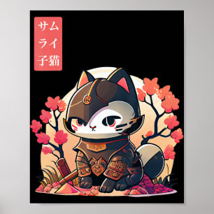 Retro Kawaii Samurai Cat med Cherry Blommar Träd Poster