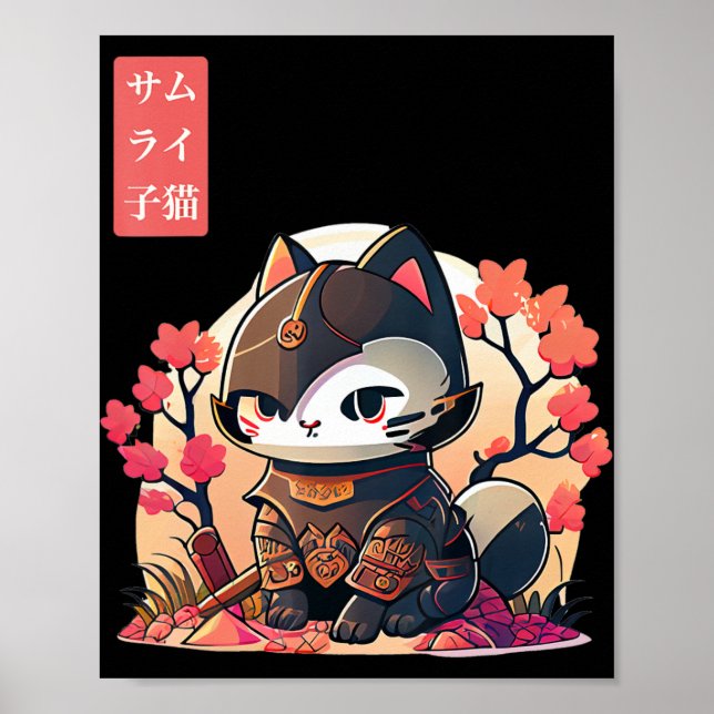 Retro Kawaii Samurai Cat med Cherry Blommar Träd Poster (Framsidan)