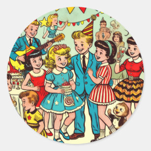 Retro Kids Party Tecknader Runt Klistermärke