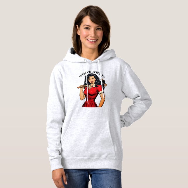 Retro Killer Housewife “Who’s Next?” Hoodie T Shirt (Hel framsida)