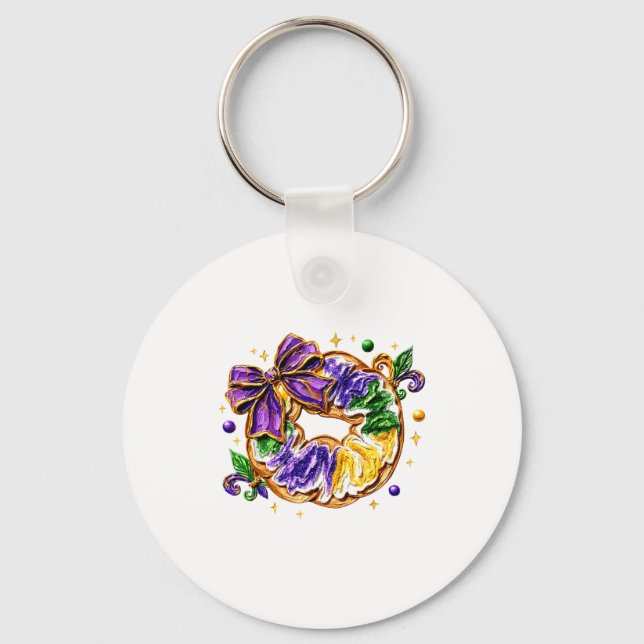 Retro King Cake Coquette Bow Beads Glad Mardi Gra Nyckelring (Framsida)