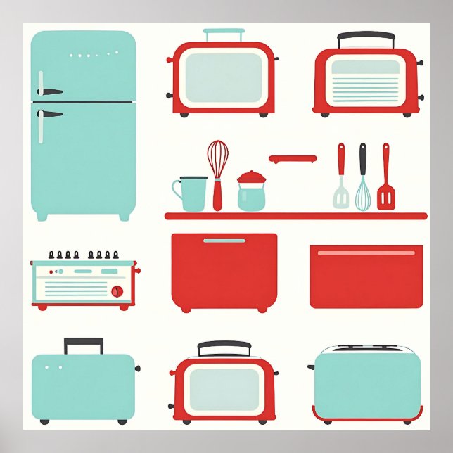 Retro Kitchen Appliances Pattern Poster (Framsidan)