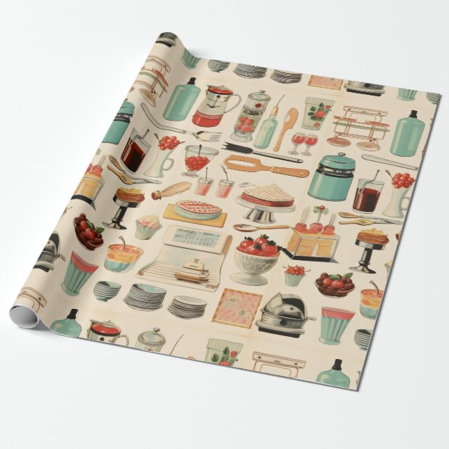 Retro Kitchen Cakes och Verktyg Presentpapper (Utrullad)