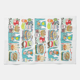 Retro Kitchen Cook Bok Illustration Aqua Kökshandduk