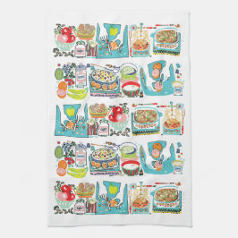Retro Kitchen Cook Bok Illustration Aqua Kökshandduk