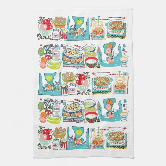 Retro Kitchen Cook Bok Illustration Aqua Kökshandduk (Vertikal)