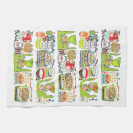 Retro Kitchen Cook Bok Illustration Bright Grönt Kökshandduk