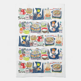 Retro Kitchen Cook Bok Illustration Navy Blue Kökshandduk