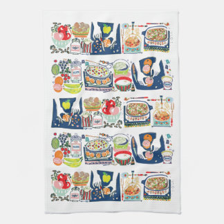 Retro Kitchen Cook Bok Illustration Navy Blue Kökshandduk