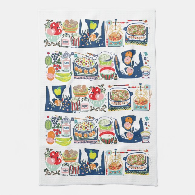 Retro Kitchen Cook Bok Illustration Navy Blue Kökshandduk (Vertikal)