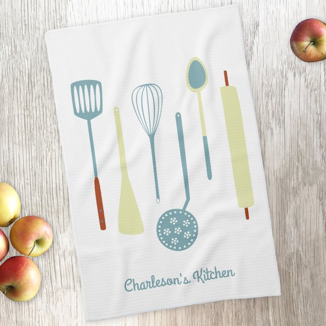 Retro Kitchen-Personlig Kökshandduk (Retro kitchen utensils personalized kitchen towel with editable text)