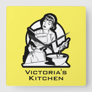 Retro Kitchen PERSONLIG NAMN Acrylic Wall Clock Fyrkantig Klocka