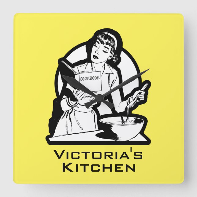Retro Kitchen PERSONLIG NAMN Acrylic Wall Clock Fyrkantig Klocka (Framsida)