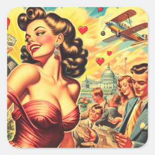 Retro Kitsch Cute Pin-up Fyrkantigt Klistermärke