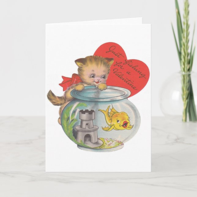 Retro Kitten och Fish Valentine Card Helgkort (Framsida)