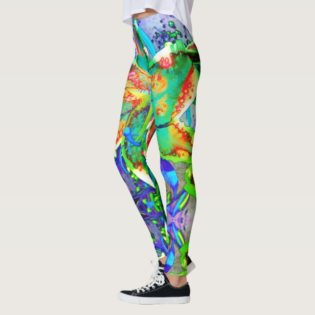Retro kiwi lily abstrakt tropiska blommor leggings (Vänster)
