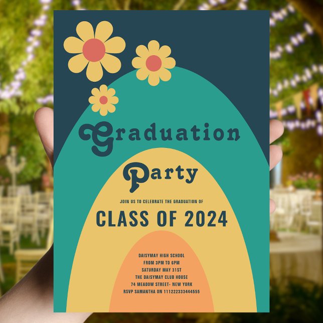 Retro-klass för 2024-Studentfest Inbjudningar (Retro class of 2024 high school graduation party with groovy typography blue green yellow orange)