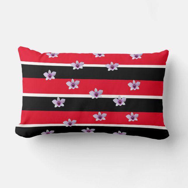 Retro Klassisk Röd Svart Vit Randig Blommig Lumbarkudde (Framsida)