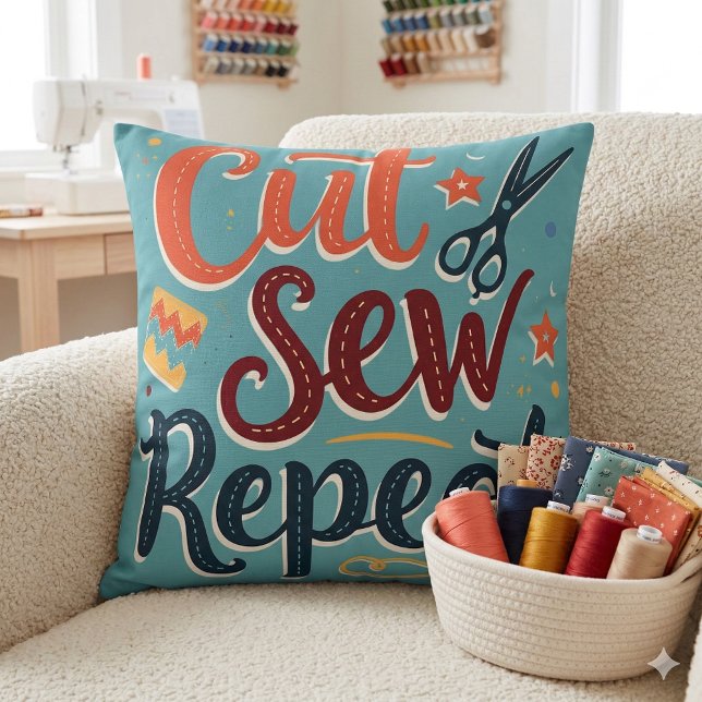 Retro "Klipp upprepning" syta Älskare design Kudde (Retro Cut Sew Repeat Sewing Lover Design Throw Pillow Mockup A)